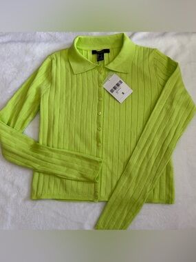 🛍️4/$25 NWT Forever 21 Neon Lime Ribbed Button-Up Polo Cardigan
